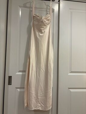 Cream Satin Slip Dress with Lace Trim